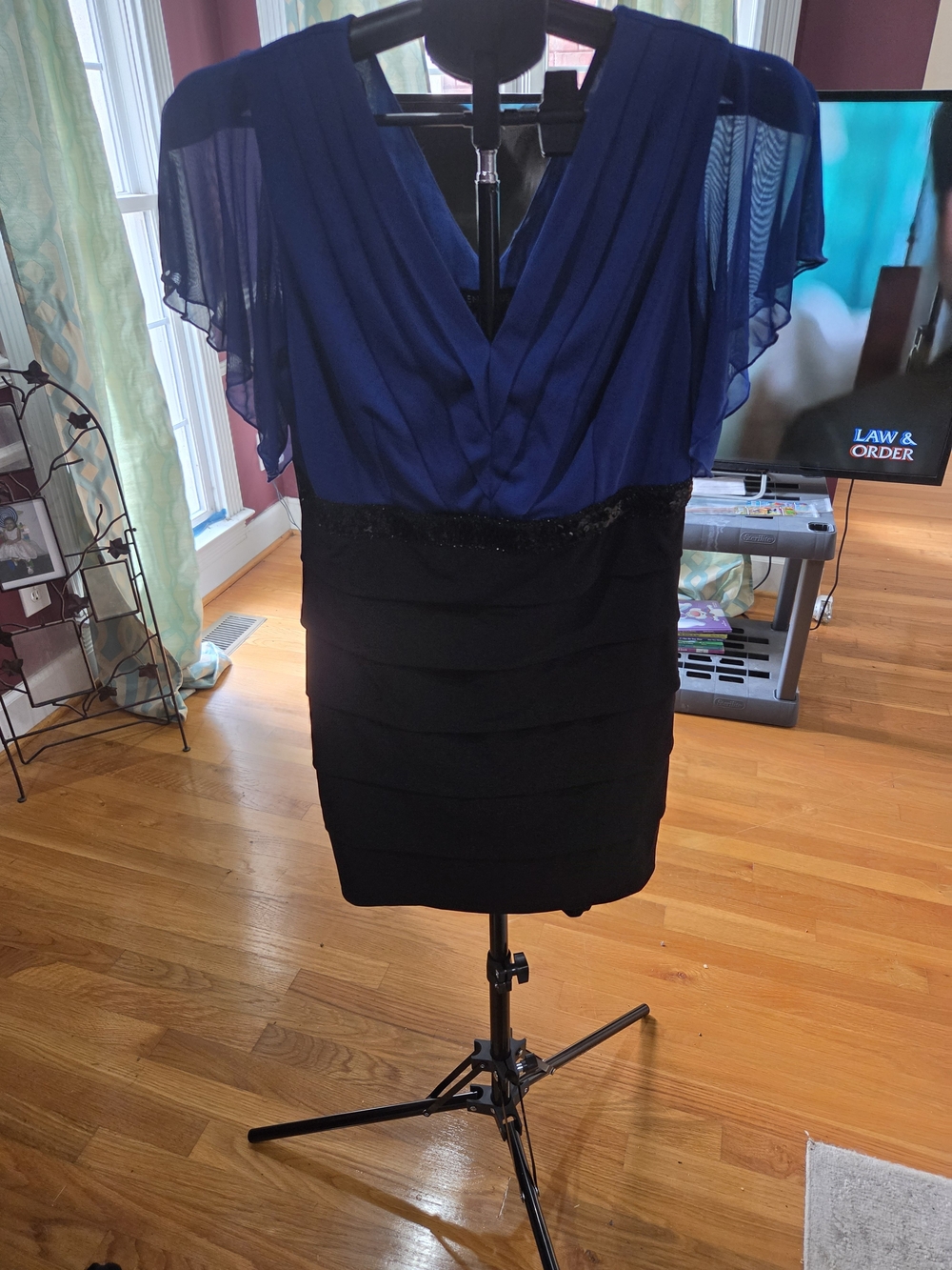 Enfocus Studio Blue and Black V-Neck Flutter Sleeve Sheath